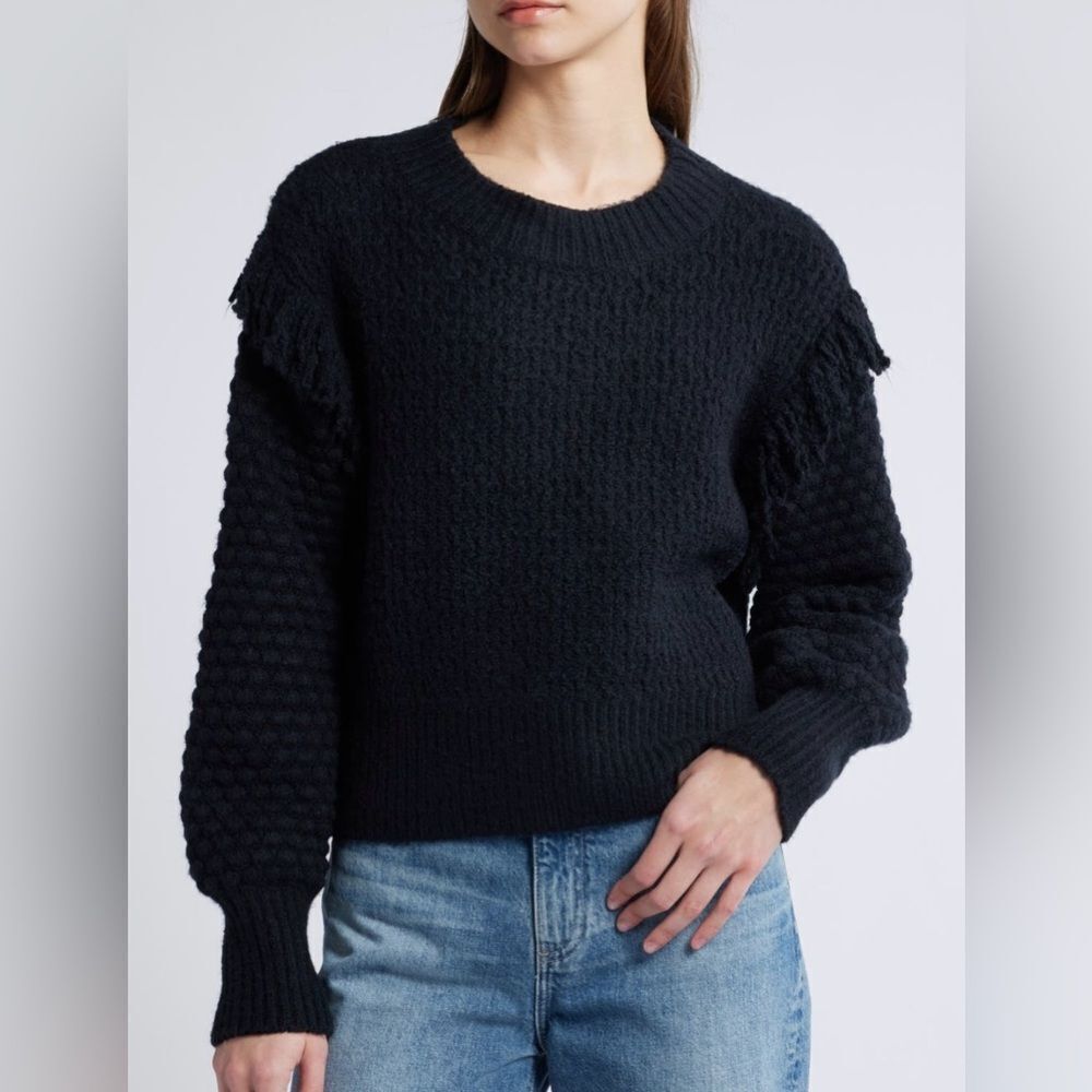 Treasure & Bond Mixed Stitch Balloon Sleeve  Fringe Sweater Black Crew S NWT